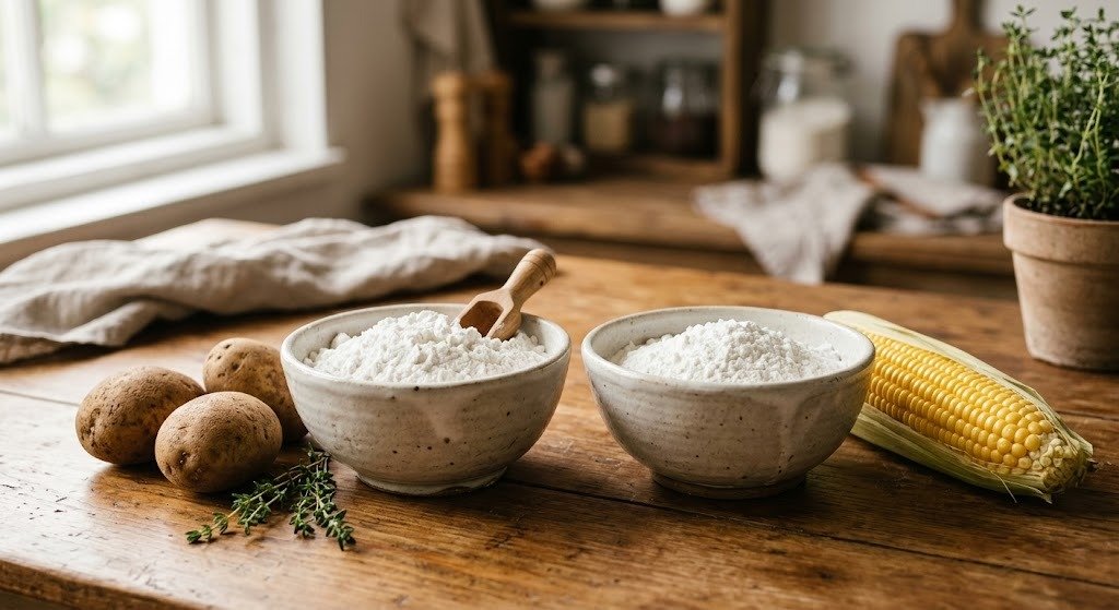 Dua mangkuk berisi potato starch dan tepung maizena di meja kayu, dengan kentang segar dan jagung
